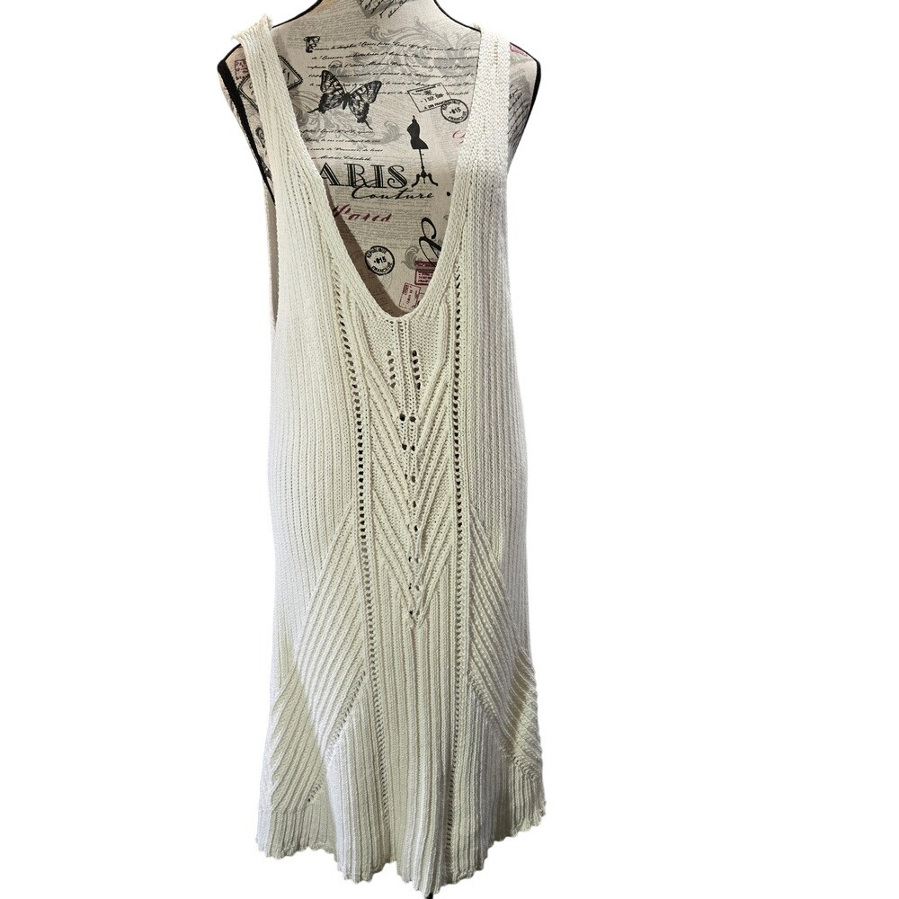 Anthropologie Cream Pointelle Knit Open Back V-Neck Sweater Dress Made in Turkey - Picture 2 of 15